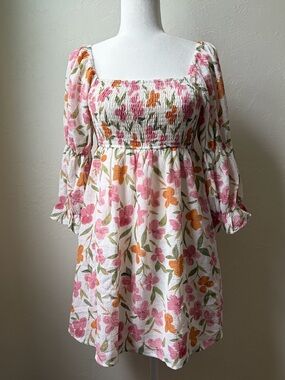 Sweet Lemon Floral Smocked Babydoll Mini Dress Puff Sleeve Cottagecore S